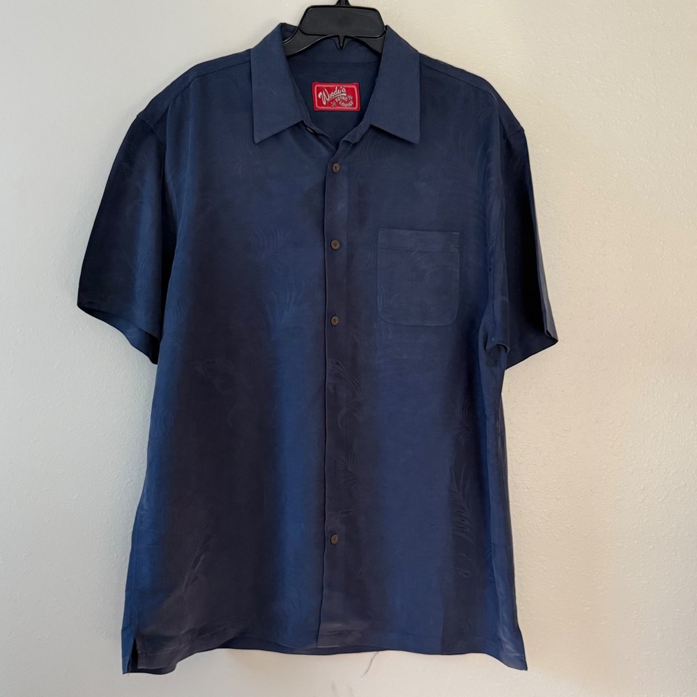 Woodys Retro Lounge Mens Navy Blue Jacquard Palm Leaf Short Sleeve Camp Shirt 2x